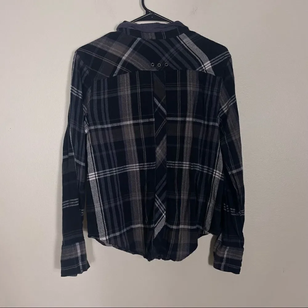 Free People Black with Grey and Brown Plaid Long Sleeve Shirt‎ Women’s Small